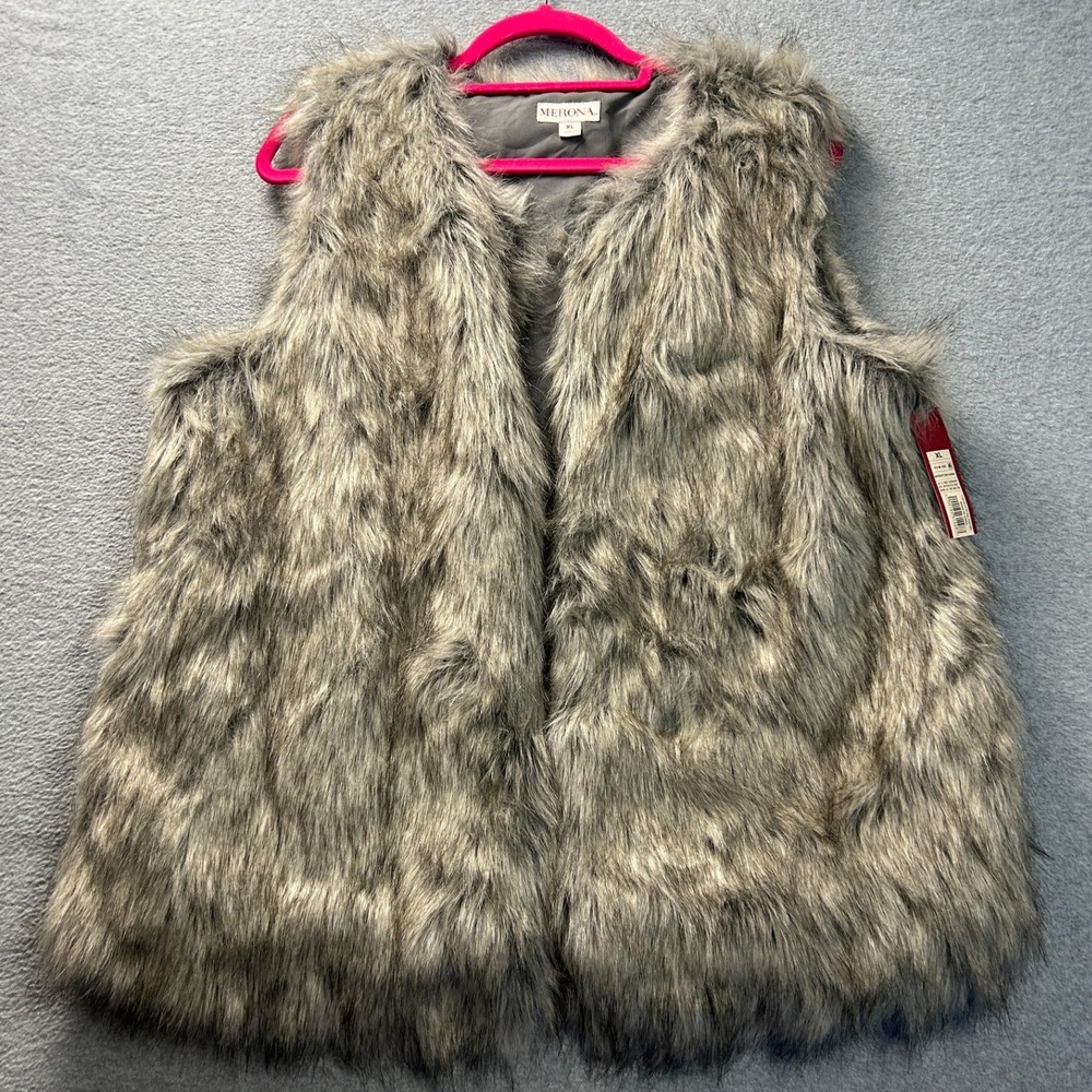 Merona Faux Fur Vest Womens XL Gray Longline Boho Shaggy Plush Target Open Front